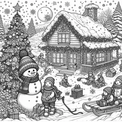 Coloriage : bonhomme de neige à bonnet et écharpe, enfants en luge devant un chalet enneigé, sapin décoré et lune
