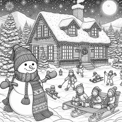 Coloriage : bonhomme de neige à écharpe tricotée, enfants en luge et jeux dans la neige devant un chalet aux fenêtres éclairées