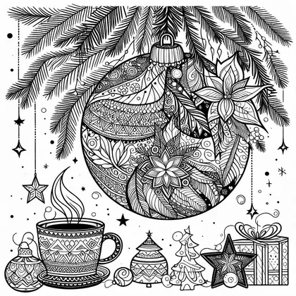 Coloriage d'une grande boule de Noël ornée de poinsettias sous des branches de sapin, avec une tasse fumante, une étoile et un cadeau