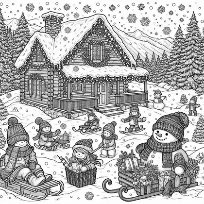 Dessin à colorier : chalet en rondins enneigé, enfants en bonnets de laine sur des luges, bonhomme de neige à écharpe et sapins