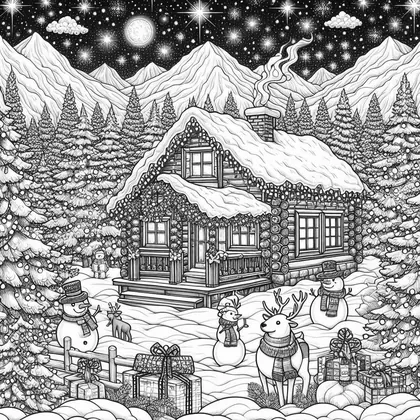 Coloriage d'un chalet en rondins sous la neige, de nuit, avec bonshommes de neige, un renne à écharpe, des sapins et des cadeaux