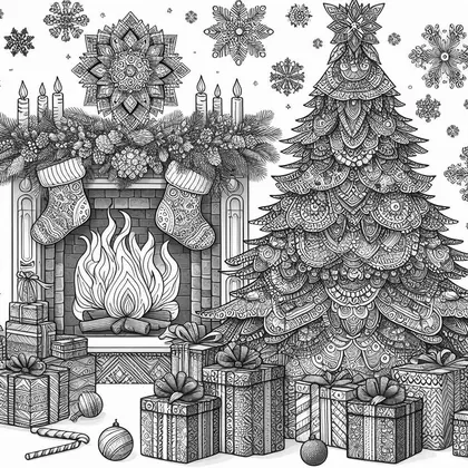 Dessin à colorier : cheminée allumée avec deux chaussettes et bougies, sapin à étages de motifs, flocons et cadeaux au sol