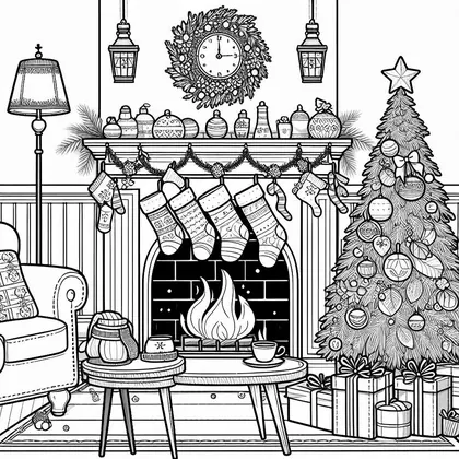Planche à colorier : cheminée aux chaussettes et à la guirlande, couronne-horloge, fauteuil, tasse sur une table et sapin avec cadeaux