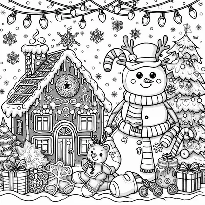 Coloriage : maison en pain d'épice enneigée, bonhomme de neige à bois de renne, petit ours en pain d'épice, sapin, cadeaux et guirlande lumineuse