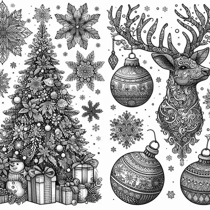 Coloriage en deux parties : à gauche un sapin avec cadeaux et petit bonhomme de neige, à droite une tête de renne et des boules
