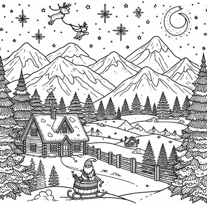 Paysage de montagne enneigé à colorier : chalet en rondins, sapins, clôture, petit personnage en luge et deux rennes dans le ciel étoilé