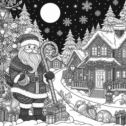 Coloriage du Père Noël à longue barbe, canne à sucre à la main, dans un village enneigé de nuit avec maisons, sapins et cadeaux