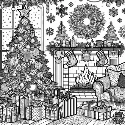 Coloriage d'un salon avec sapin décoré devant une fenêtre, cheminée aux chaussettes, couronne, fauteuil à plaid et cadeaux au sol