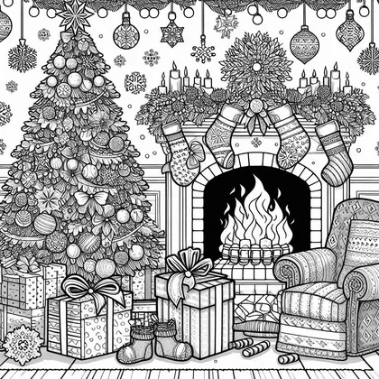 Planche à colorier d'un salon avec sapin garni, cheminée aux chaussettes et bougies, fauteuil à motifs, cadeaux et chaussons