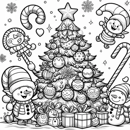 Coloriage d'un sapin à boules et étoile entouré de petits personnages à bonnet de lutin, de cannes à sucre et de cadeaux
