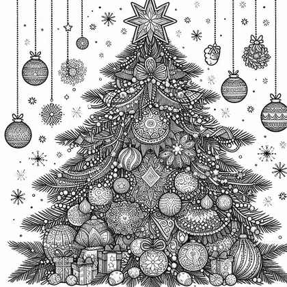 Coloriage d'un grand sapin couvert de perles, de boules à motifs et d'une étoile, avec des boules suspendues et des flocons autour