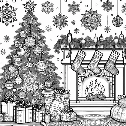Planche à colorier avec un sapin décoré à gauche, une cheminée aux trois chaussettes à droite, des flocons et des cadeaux