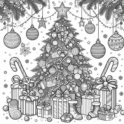 Dessin à colorier d'un sapin entouré de boules suspendues, de guirlandes, de cannes à sucre, de chaussons et de paquets cadeaux