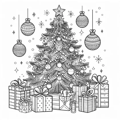 Coloriage d'un sapin garni de guirlandes de perles et d'une étoile, entouré de grosses boules suspendues et de paquets cadeaux