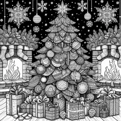 Coloriage : sapin à motifs sous un ciel étoilé, entre deux cheminées symétriques aux chaussettes, avec cadeaux au premier plan