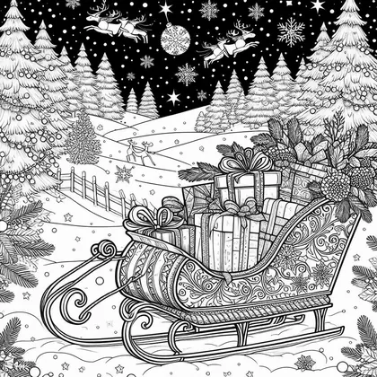 Dessin à colorier d'un traîneau chargé de cadeaux dans un paysage de sapins enneigés, avec des rennes volant dans le ciel étoilé