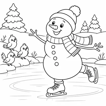 Coloriage : un bonhomme de neige en bonnet qui patine sur un étang gelé, trois oisillons sur la rive et des sapins au fond