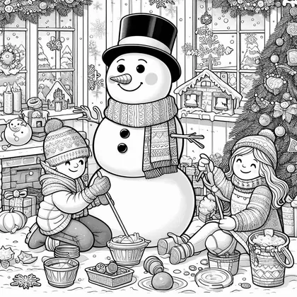 Dessin à colorier : grand bonhomme de neige à chapeau haut de forme, deux enfants agenouillés, sapin et cheminée