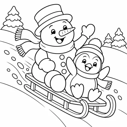 Dessin à colorier : un bonhomme de neige et un pingouin en bonnet descendent une pente ensemble sur une luge