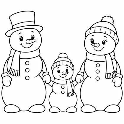 Planche à colorier : trois bonhommes de neige se tenant par la main, un grand à chapeau, un en bonnet et un petit à pompon