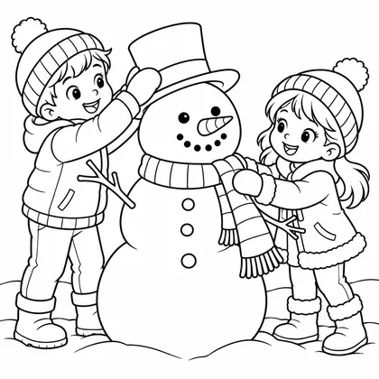 Dessin à colorier : un garçon et une fillette en bonnets à pompon décorent un bonhomme de neige (chapeau, écharpe)