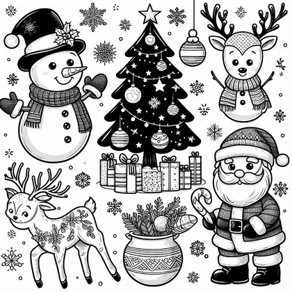Coloriage de motifs de Noël : bonhomme de neige, sapin noir avec cadeaux, deux rennes, pot de branches et Père Noël
