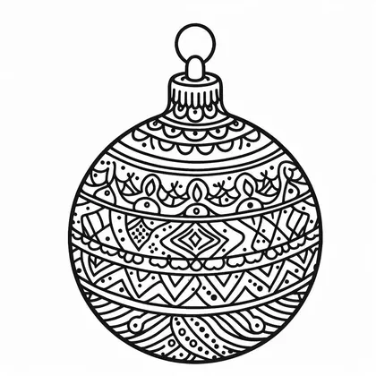 Dessin à colorier : boule de Noël à bandes de zigzags, de losanges, de festons et de lignes ondulées, avec un anneau en haut