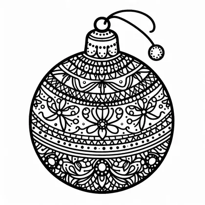 Coloriage : boule de Noël à fleurs, perles et dentelle, avec un cordon qui se termine par un petit pompon