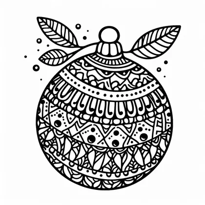 Coloriage d'une boule de Noël à motifs de losanges et de pois, avec deux feuilles de chaque côté de son attache