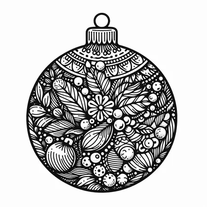 Coloriage d'une boule de Noël remplie de feuilles, de baies, d'une fleur et de petites boules, dans un motif très serré