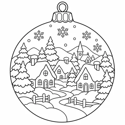 Coloriage : grande boule de Noël ronde contenant un village enneigé avec maisons, église, sapins et flocons