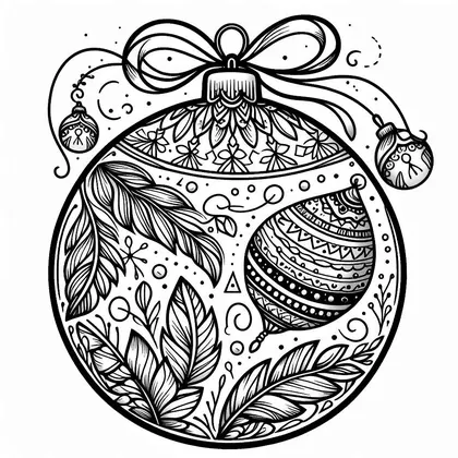 Coloriage : grande boule de Noël ronde surmontée d'un ruban, avec une petite boule suspendue et des feuillages à l'intérieur