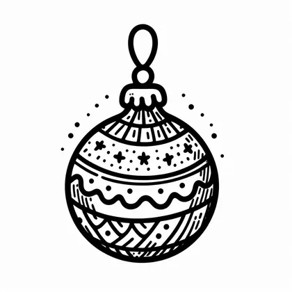Dessin à colorier : boule de Noël suspendue à une boucle, avec des bandes de pois, d'étoiles et de vagues, sur fond blanc