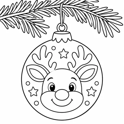 Coloriage d'une boule de Noël suspendue à une branche de sapin, ornée d'une tête de renne souriant et d'étoiles