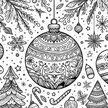 Dessin à colorier : boule de Noël suspendue à motifs de volutes, parmi branches, flocons, étoiles, cannes à sucre et sapins