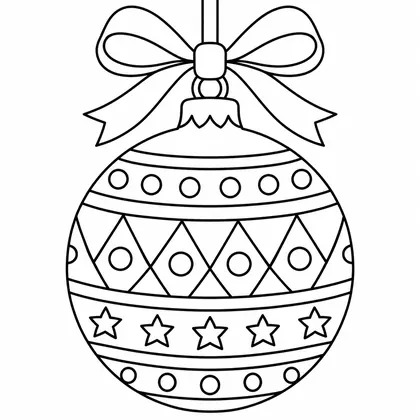 Coloriage d'une grande boule de Noël suspendue à un ruban à nœud, décorée de bandes, de ronds, de losanges et d'étoiles