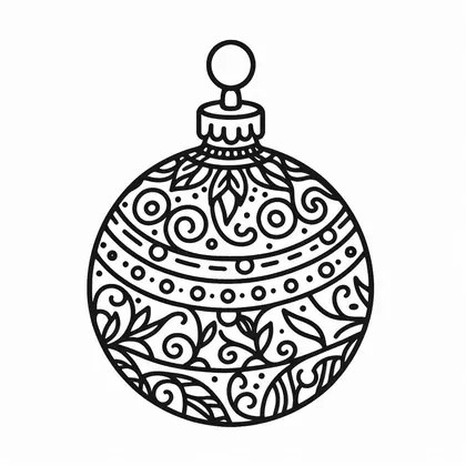 Coloriage d'une boule de Noël à volutes, feuilles et frises de pois, suspendue à un anneau