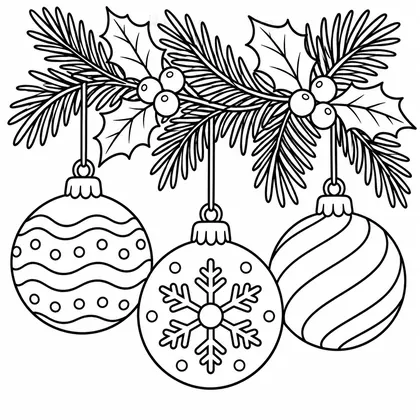 Dessin à colorier : trois boules de Noël accrochées à une branche de sapin ornée de houx, avec vagues, flocon et spirales