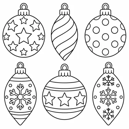 Planche à colorier de six boules de Noël aux formes variées, ornées d'étoiles, de pois, de rayures en spirale et de flocons