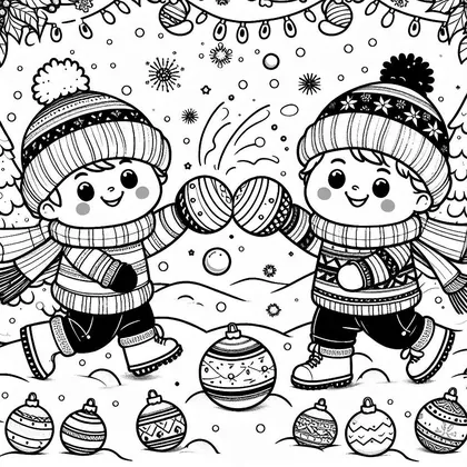 Dessin à colorier : deux garçons en bonnet et écharpe qui font se toucher deux boules de Noël, boules alignées au sol