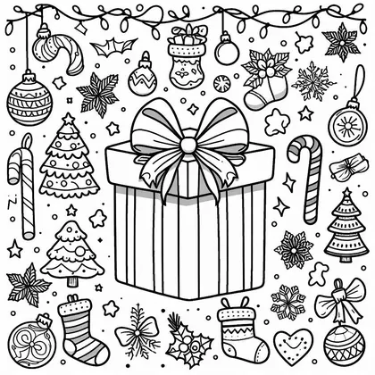 Planche à colorier : gros cadeau à nœud au centre, entouré de petits sapins, chaussettes, boules, cannes à sucre et étoiles