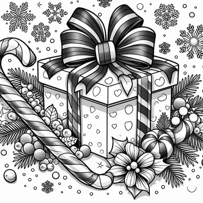 Coloriage : paquet cadeau à motif de cœurs et gros nœud rayé, avec cannes à sucre, baies, branches de sapin et une fleur