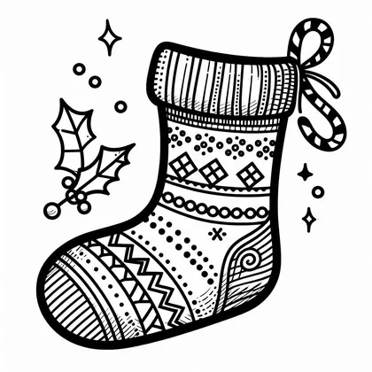 Dessin à colorier : chaussette à bord côtelé, motifs de pois et de losanges, avec une canne à sucre nouée et du houx
