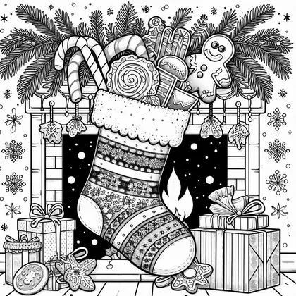 Coloriage d'une chaussette à bord festonné devant une cheminée avec feu, cannes à sucre, pain d'épice, cadeaux et sapin
