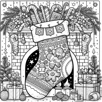Planche à colorier : chaussette décorée de pains d'épice devant une cheminée en briques, entourée de cadeaux