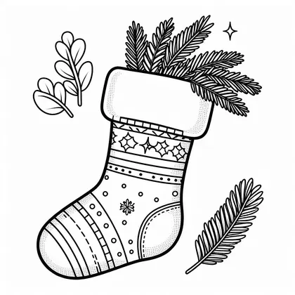 Coloriage : chaussette de Noël à gros revers, dépassée par des branches de sapin, avec deux petites branches feuillues autour