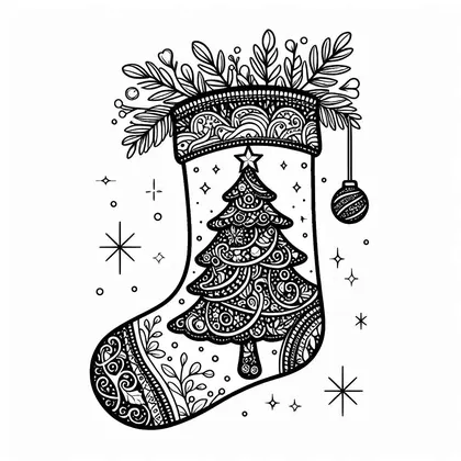 Coloriage d'une chaussette de Noël ornée d'un sapin à motifs fins, avec des branches, une boule suspendue et des étoiles