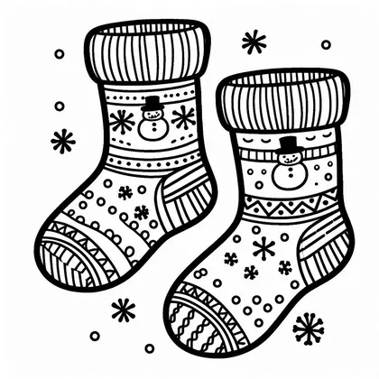 Coloriage de deux chaussettes de laine à rayures, pois et flocons, ornées chacune d'un petit bonhomme de neige