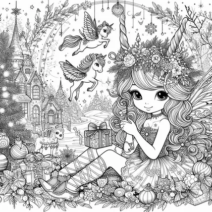 Coloriage d'une fée assise avec couronne de fleurs et paquet cadeau, deux petites licornes ailées, une maison et un sapin