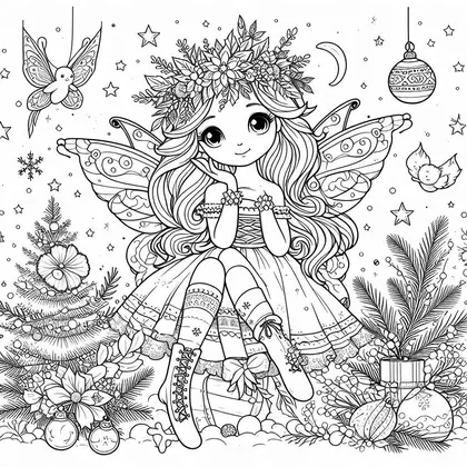 Coloriage d'une fée assise, le menton dans les mains, avec couronne de fleurs, bottines lacées, oiseaux, boules et sapin
